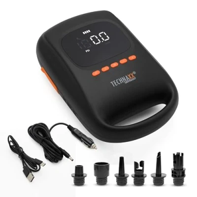 Image of Technaxx Battery Air SUP Pump with Power Bank Function TX 266 7500 mAh Up to 3 Stand Paddle Boards one Charge, Automatic Stops, 2 LED Lights, 12V Car Charging &amp; USB C Cables