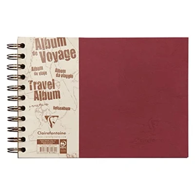 Image of Clairefontaine Ref 781162C Age Bag Wirebound Travel Album (80 Pages) A5 Size, Lined Rullings, 120gsm White Pages &amp; 160gsm Black Grained Red