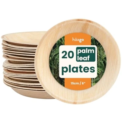 Image of HAAGO 20 Round Eco Friendly Palm Leaf Plates Disposable Like Wooden &amp; Bamboo for Hot Cold Food, Microwave Freezer Safe Alternative to Paper Compostable Outdoors 15cm