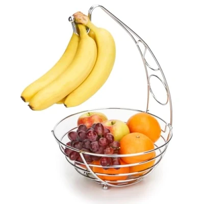 Image of EXZACT Fruit Basket with Banana Hook. 41cm Tall, Wired Rack,Banana Stand Hanger Silvery Chrome