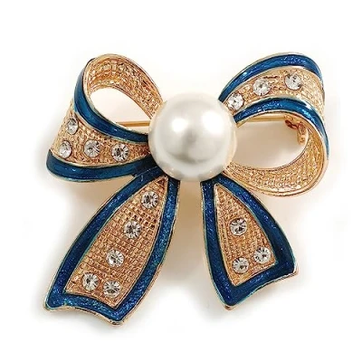 Image of Avalaya Gold Tone, Navy Blue Enamel, Crystal, Pearl Bow Brooch 40mm L