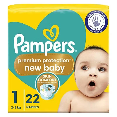 Image of Pampers New Baby Size 1, 22 Newborn Nappies, 2kg 5kg, Carry Pack