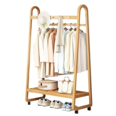 Image of Bamboo Clothes Rail Stand, Freestanding Coat Garment Rack with Hanging Rod,Clothes on Wheels Hooks, Open Wardrobe Clothing Hanger Storage Organiser for Bedroom Hallway