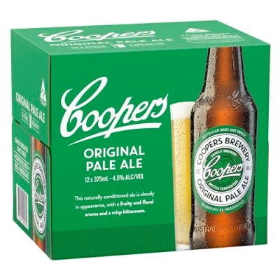 Image of Coopers Original Pale Ale Case 12 x 375ml, 4.5% bottles Unfiltered Australian Vegan Natural Ingredients: water, barley, malt &amp; hops