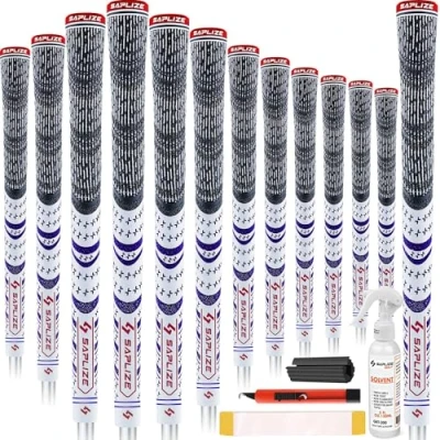Image of SAPLIZE Golf Grips 13 Piece with Complete Regripping Kit, Standard Size, Cord Rubber, Hybrid Club Grips, White