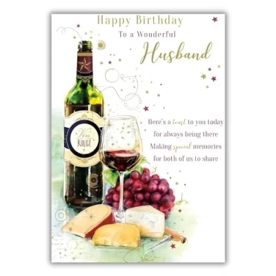 Image of Noel Tatt Husband Birthday Card for Men Wine and Cheese with Embossed Gold Foil Eco Friendly &amp; Recyclable Made in England