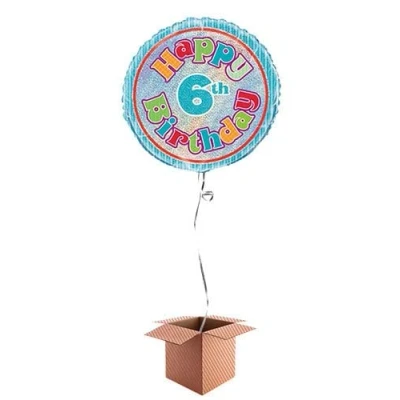 Image of Happy 6th Birthday Holographic Round Foil Balloon Inflated in a Box