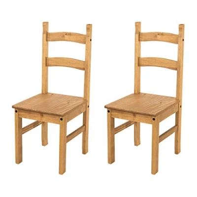 Image of Home Source Solid Pine Wood Pair of Dining Chairs, Kitchen Furniture, Waxed Finish