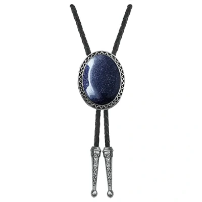 Image of QUKE Stone Bolo Tie Native Western Cowboy Genunie Leather Bola Necktie for Men Women, Dark Blue, Overall