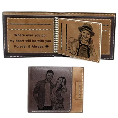 Image of Personalised Wallets for Men Photo,Custom Trifold Wallet,Engraved Photo Wallet Woman (Dark Brown)