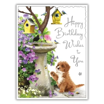 Image of Female Birthday Card for Her General Women Dog and Garden Design Cockapoo Puppy Birds Special Finishes Illustrated Insert Leaf Made in the UK
