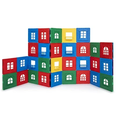 Image of Playmags 60 Pcs Set 3D Magnetic Tiles Building Playset Durable Stronger Magnet For Kids includes 30 Window Frames and Click in Windows