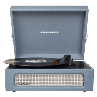 Image of Crosley Voyager Portable Turntable Bluetooth Record Player, 3 Speed Suitcase Vinyl Home Turntables for Records, Built in Stereo Speakers &amp; Receiver, AUX Input, Washed Blue