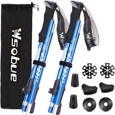 Image of Trekking Pole, Collapsible Walking Hiking Stick for Men Women, Ultralight Aluminum Ski Pole with EVA Grip (Blue 2 Pack)