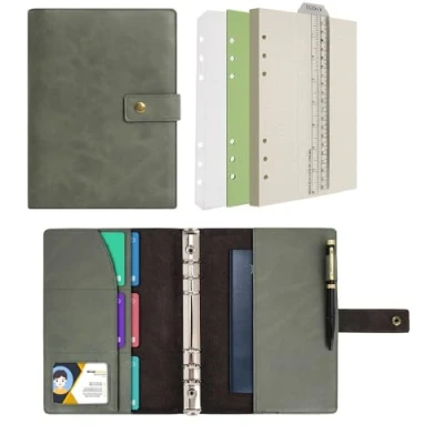Image of WONDERPOOL Leather Diary Refillable Notebook Spiral Journal Binder Portfolio Dot Grid Paper &amp; Inner Pockets for Travel Work and Personal Organizer (Green, A5)