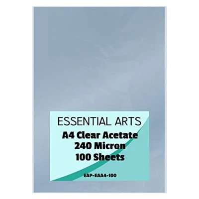 Image of Essential Arts A4 Clear Acetate 240 Micron Pack of 100 Sheets. Extra Thick PVC Binding Cover Ideal for Etching, Craft, Stencils Picture Frames and Gifts 210x297mm