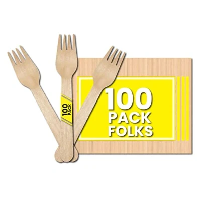 Image of Disposable Wooden Forks Pack of 100 Eco Friendly Biodegradable Cutlery for Desert Birch Wood Sturdy Forks…, Brown