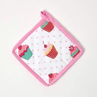 Image of HOMESCAPES Pure Cotton Pot Holder Cup Cakes Pink Blue 20 x cm Fully Coordinated Washable Kitchen Linen