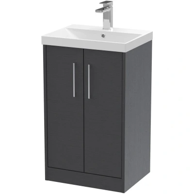 Image of Hudson Reed JNU2201D Juno Modern Bathroom Floor Standing 2 Door Vanity with Thin Edge Ceramic Basin, 500mm, Woodgrain Graphite Grey