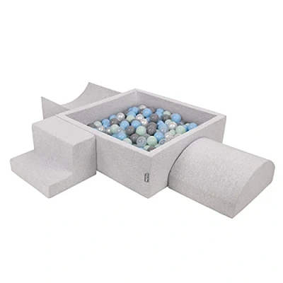 Image of KiddyMoon Foam Playground For Kids With Square Ballpit (200 Balls ∅ 7Cm/2.75In) Soft Obstacles Course And Ball Pool, Made In The EU, Lightgrey:Pearl/Grey/Transparent/Babyblue/Mint