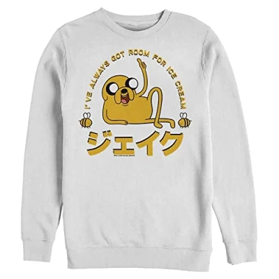 Image of Warner Brothers Men&#039;s Adventure Time Jake Ive Always Got Room for Ice Cream Pullover Crew Fleece Sweatshirt, White, S