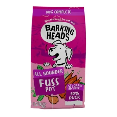 Image of Barking Heads Complete Dry Dog Food 12kg Adult All Hounder Fuss Pot Duck Natural Grain Free Hypoallergenic for Fussy Eaters &amp; Sensitive Stomachs Vet Approved