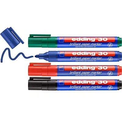 Image of edding 30 brilliant paper marker black, red, blue, green 4 waterproof permanent markers round nib 1.5 3 mm vibrant colours lightfast marking on paper, card, cardboard, plastic, metal, glass