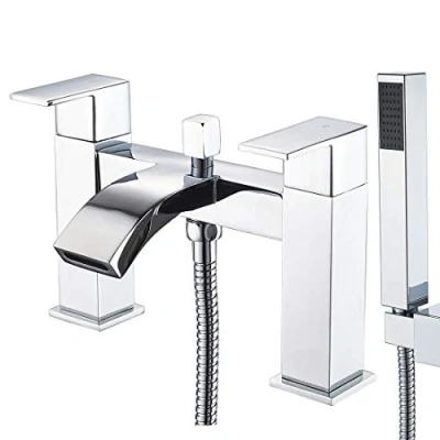 Image of Luckyhome Bath Taps with Shower,Waterfall Bathroom Bathtub Mixer Tap Chrome Brass Dual Lever Handheld Shower Head