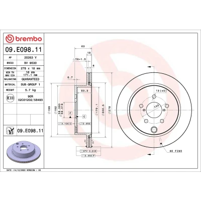 Image of 26700SG000 Brake disc BREMBO 09.E098.11 278mm 18mm 5 internally vented Coated SUBARU: Forester IV