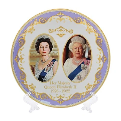 Image of The Leonardo Collection Her Majesty Queen Elizabeth II Commemorative Plate with Stand Souvenir Memorabilia, White, Diameter 21cm