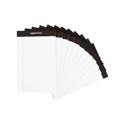 Image of Amazon Basics Narrow Ruled Writing Pads, 50 Sheets Per Pad, 12 pack, 12.7 cm by 20.3 cm, White