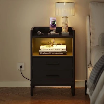 Image of YITAHOME Black Bedside Table with Charging Station,Bedside Cabinet LED Lights,2 AC Outlets, 2 USB Ports,Nightstand Side End Sofa Drawers for Bedroom Living Room