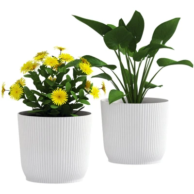 Image of Outsunny Set of 2 Plastic Round Plant Pots Outdoor 22cm, Garden Planters, Flower for Decoration, Patios, Indoor, Outdoor, Home, White