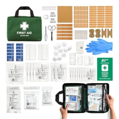 Image of 220 Piece Premium First Aid Kit Bag Includes Eyewash, 2 x Cold (Ice) Packs and Emergency Blanket for Home, Office, Car, Caravan, Workplace, Travel Sports (Green) (First Kit, 180 Piece)