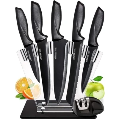 Image of Home Hero Ultra Sharp Stainless Steel Kitchen Knife Set Chef Knives (7 pcs Black with Block)