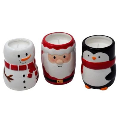 Image of Christmas Ceramic Tealight Candle Holders Santa Snowman Penguin Set of 3
