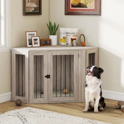 Image of PawHut 2 in 1 Dog Crate Furniture, Side Table Kennel with Cushion, Large Door, for Dogs Walnut Brown