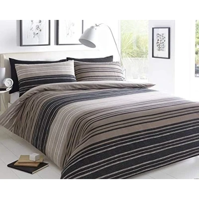 Image of Sleepdown Duvet Cover Set Brown Textured Stripe Reversible Quilt Easy Care Bed Linen Soft Cosy Bedding Sets with Pillowcases Double (200 cm x 200 cm)