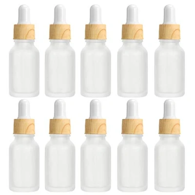 Image of Alledomain 10Pcs, 10ml Frosted Clear Glass Bottles with Dropper Pipettes, Mini Empty Wood Grain Plastic Cap Refillable Sample Container for Essential Oil/Aromatherapy/Chemical Liquid