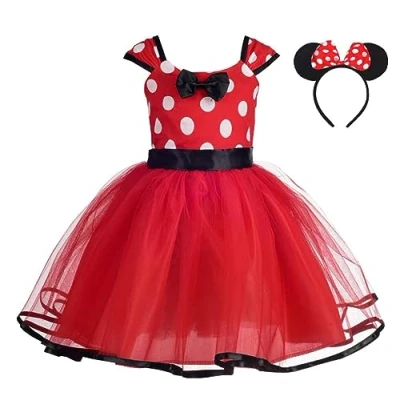 Image of Lito Angels Minnie Fancy Dress Up Costume with Mouse Ears Hair Hoop for Kids Girls, Halloween Birthday Party Mini Polka Dot Tulle Skirt, Age 6 7 Years (Tag Number 150), Red