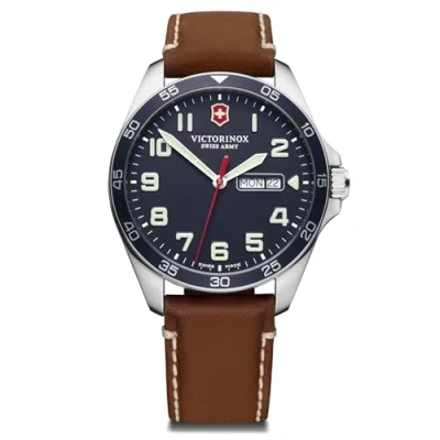 Image of Victorinox Men’s Watch Fieldforce Ø 42 mm, Swiss Made, Analogue Quartz, Water Resistant up to 100 m, Sapphire Glass, Leather Strap, Blue/Brown