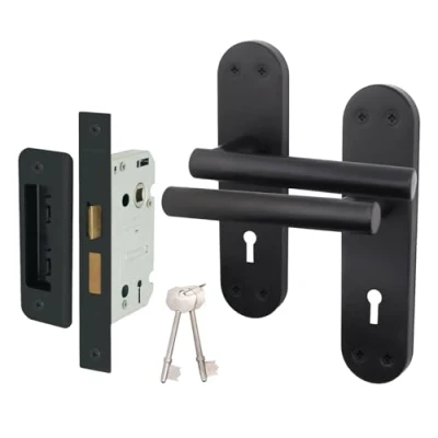 Image of EAI Black Door Handle Key Lock Set 1 Pair of Matt Internal Lever T Bar Handles on Backplate with Sash (64mm) &amp; Keys Oliena Range