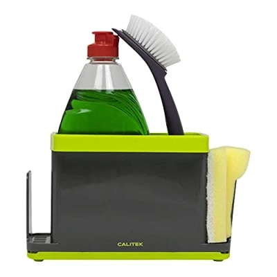 Image of CALITEK Sink Caddy Washing Up Organiser for Sponge Brush Storage Tidy with Removable Drip Tray (Grey/Green)