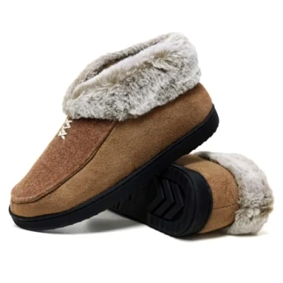 Image of DUNLOP Ladies Slippers Memory Foam Moccasins Comfortable Ankle Boots Indoor Outdoor Slip On shoes (Tan Tip Fur, UK Footwear Size System, Adult, Women, Numeric, Medium, 7)