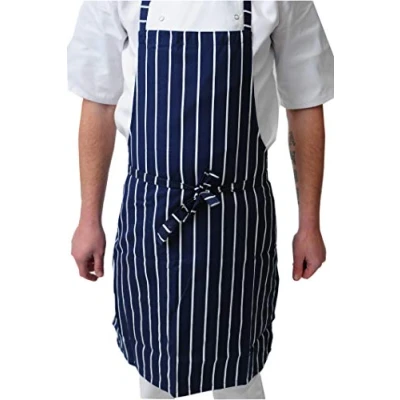 Image of Black Pepper Polycotton Stripe Butcher Bib Apron with Pocket, Professional Home Kitchen Apron, Navy/White