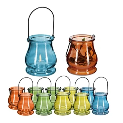 Image of Relaxdays Lanterns Set of 12, Decorative Candle Holders for Outdoors &amp; Indoors, H x D: 10 8,5 cm, Glass, Multicoloured, 90% 10% Stainless Steel