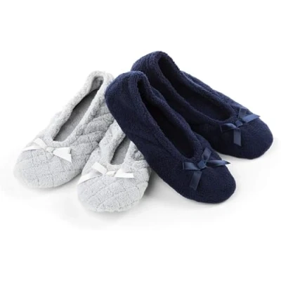 Image of Isotoner Women&#039;s 2 Pack Ballerina Slipper Quilted and Solid Ballet Flat, Light Grey Navy Blue Solid, 6 7 UK