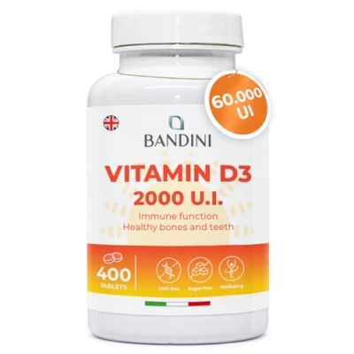 Image of Bandini® Vitamin D 60,000 IU/Month 400 Tablets (+1 Year), Immune Defence, Bone, Tooth and Muscle Health, Calcium Metabolism, 50 mcg Cholecalciferol, Pure Vitamins D3, VIT 3 High Dosage