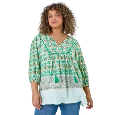 Image of Roman Curve Boho Print Tie Neck Top for Women UK Ladies Everyday Holiday Spring Summer V Neckline Comfy Soft Evening Vacation Work Party Green Size 18