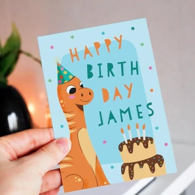 Image of Personalised Dinosaur Childs Birthday Greeting Card For Him, Her, Kids, Party, Children